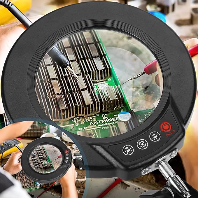 2.25X Magnifying Glass with Light and Clamp, Real Glass Stand Lighted Magnifier, 5 Color Modes Stepless Dimmable LED Desk Lamp Hands Free for Crafts Hobby Reading Painting Sewing Close Work