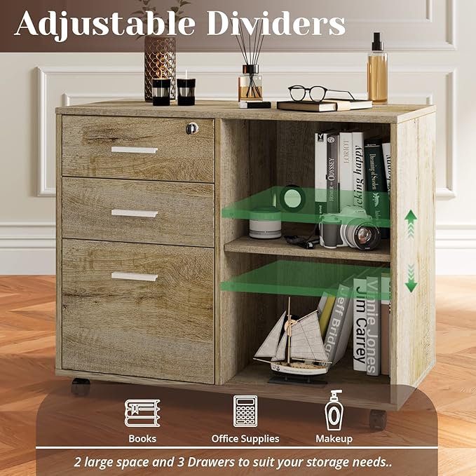 Maxtown Wood Filing Cabinet, Mobile Lateral Filing Cabinet with Lock, 3 Drawer Filing Cabinet with Open Storage Shelves, Printer Stand for Home Office, Walnut