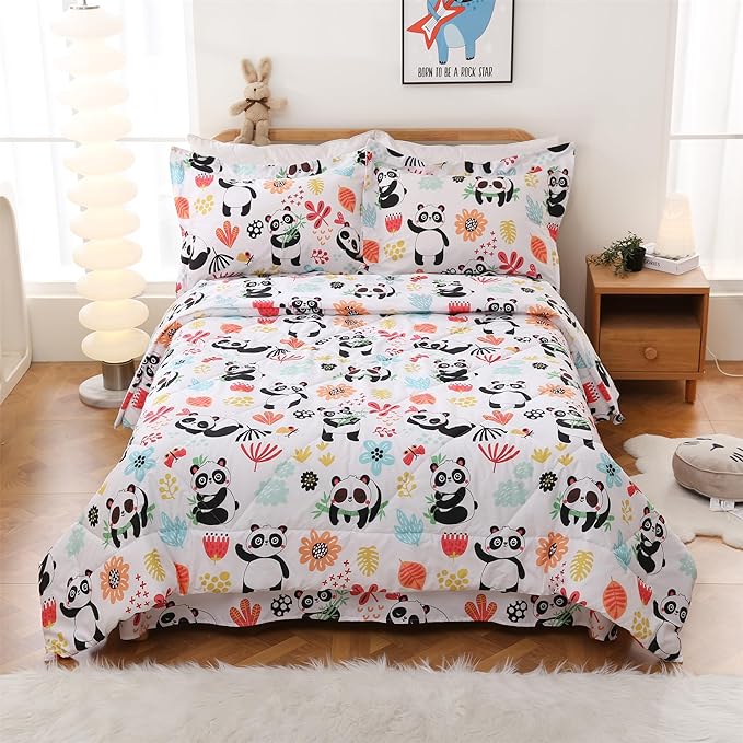 JSD Panda Flower Kids Comforter Set, 2 Pieces Twin Microfiber Comforter with Pillow Sham, Soft Comfortable Machine Washable