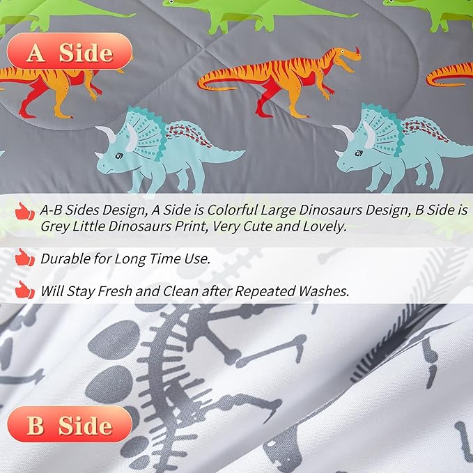 RYNGHIPY Dinosaur Kids Comforter Set Cartoon Dinosaur Bedding Sets for Boys 3 Pieces Full Microfiber Comforter with Pillowcases Soft Lightweight (Dark Grey,Full)