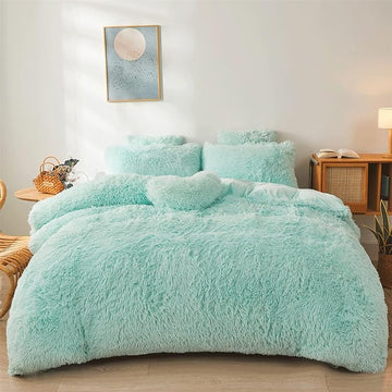 FOPPA Green Comforter Cover Set - Ultra Soft Plush Bedding Sets 3 Pieces (1 Faux Fur Duvet Cover + 2 Faux Fur Pillow case) Green Bed Set(Mint Green, Queen)