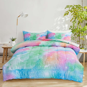 A Nice Night Galaxy Bedding Sets Outer Space Comforter 3D Printed Space Quilt Set Twin Size Glitter Pink Green Color,for Children Boy Girl Teen Kids