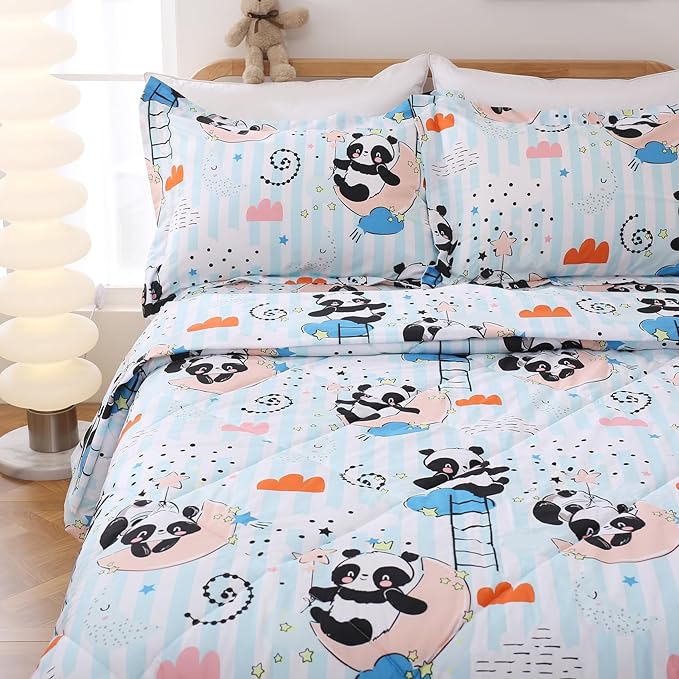 JSD Cute Panda Kids Comforter Set, 3 Pieces Full Microfiber Comforter with Pillow Shams, Soft Comfortable Machine Washable