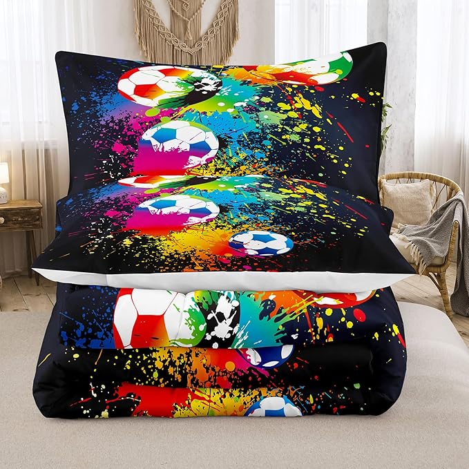 Bodhi Boys Teen Comforter Set King,Soccer Comforter Set King,Boys Sports Comforter Set King,Rainbow Graffiti Football Bedding Set for Boys,Kids,Teens with Matching Pillowcases