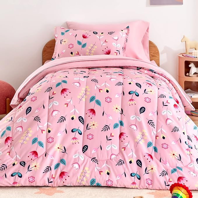 SLEEP ZONE Kids Twin Bedding Comforter Set - Super Cute & Soft Kids Bedding 5 Pieces Set with Comforter, Sheet, Pillowcase & Sham (Pink Flower)