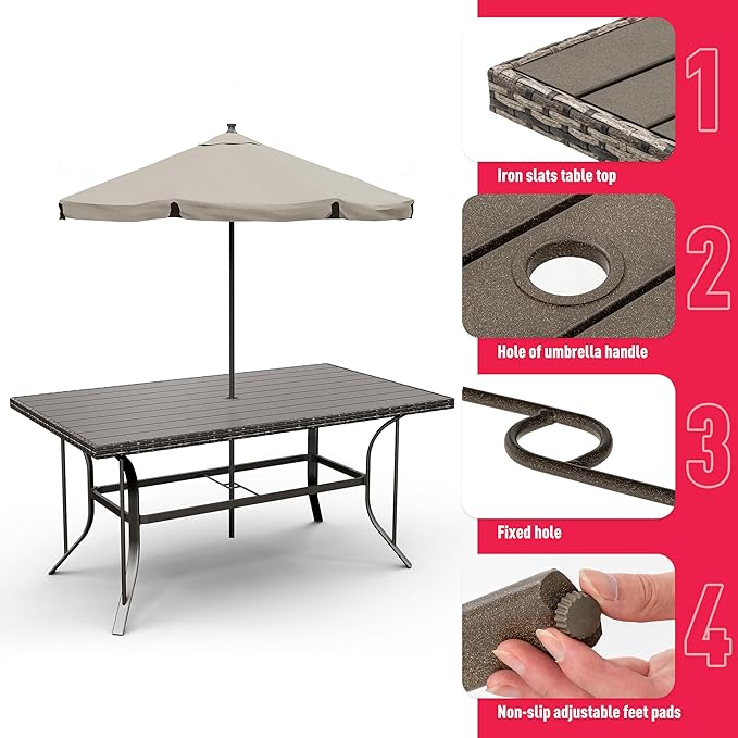 Pamapic 8504 Patio Dining 7 Piece, Outdoor Wicker Furniture Set for Backyard Garden Deck Poolside/Iron Slats Table Top, Removable Cushions, 7 Pack, Beige