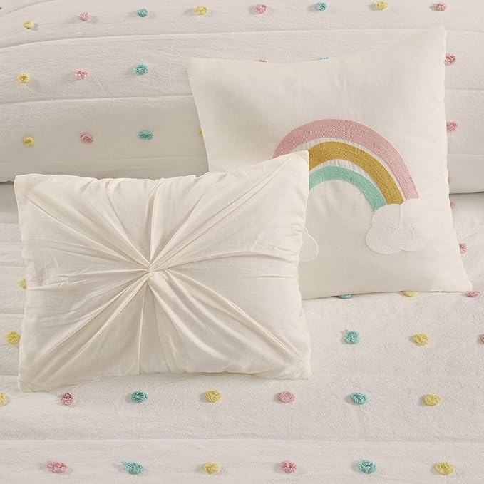 Quilt Set Cotton Jacquard Weave Colorful Poms Accent All Season Shabby Chic Bedding Coverlet Bedspred, Girls Bedroom Décor, Twin, Multi 4 Piece XL