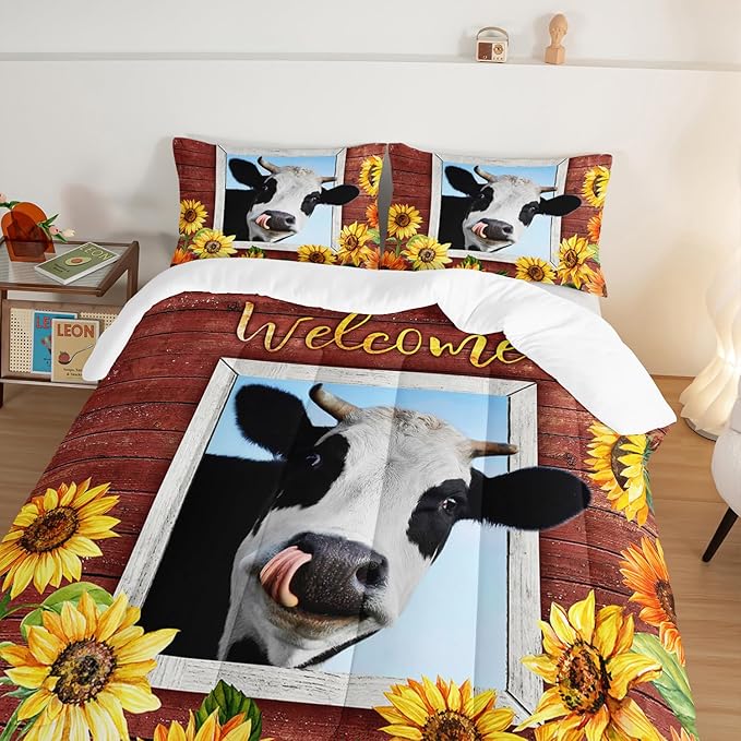 HOSIMA Farmhouse Animal Cow Comforter with 2 Pillowcases,Wooden Decor Terracotta Comforter Set Queen Size for Adults Teens,Cow Print Bedding Room Decor,Sunflower Comforter Set.