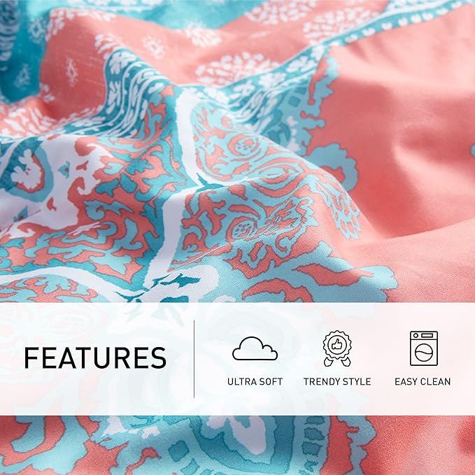 Degrees of Comfort Full Size Coral Comforter Sets for Girls, Boho Mandala Bed in A Bag with sheet, Microfiber Bed Set with Side Pockets, Matching Decorative Pillow, 8 Piece
