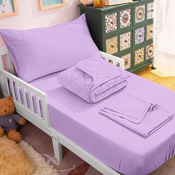 NTBAY Toddler Bedding Set - 4 Piece Soft and Breathable Crib Bedding Set for Boys and Girls, Includes Quilted Comforter, Fitted Sheet, Flat Top Sheet and Envelope Pillowcase, Lavender