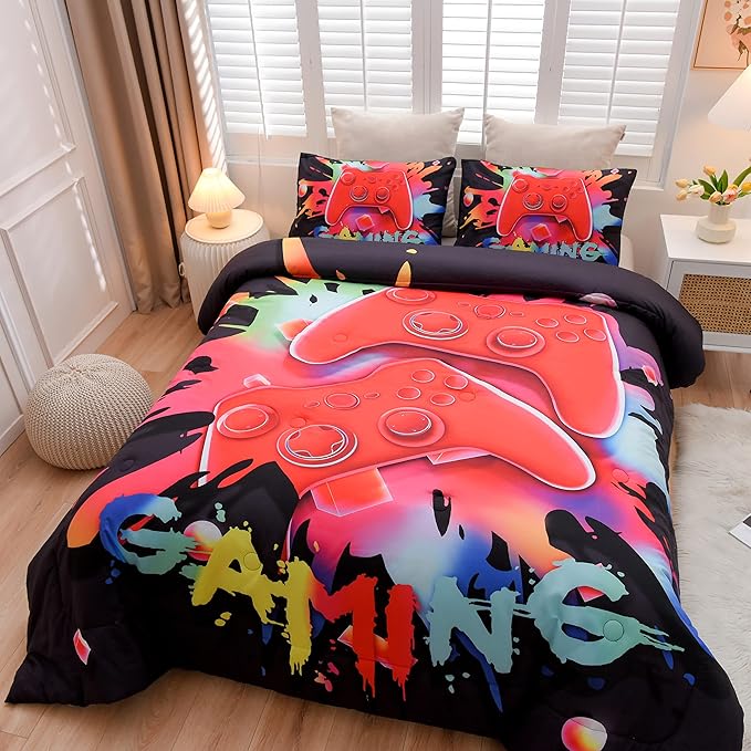 Aimuan Gaming Comforter Sets for Boys Kids Bedding Sets Video Games Console Action Buttons Novelty Colorful Game Gamepad Controller Modern Gamer Room Decor Home Quilt Set (Queen, Black)