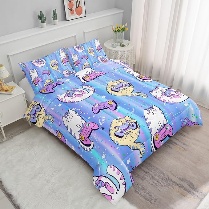 Datura home Cat Comforter Set Blue Kawaii Cat Printed Quilt Bedding Set with 1 Comforter and 2 Pillowcases for Boys and Girls Bedroom All Season(Blue Cat Twin)