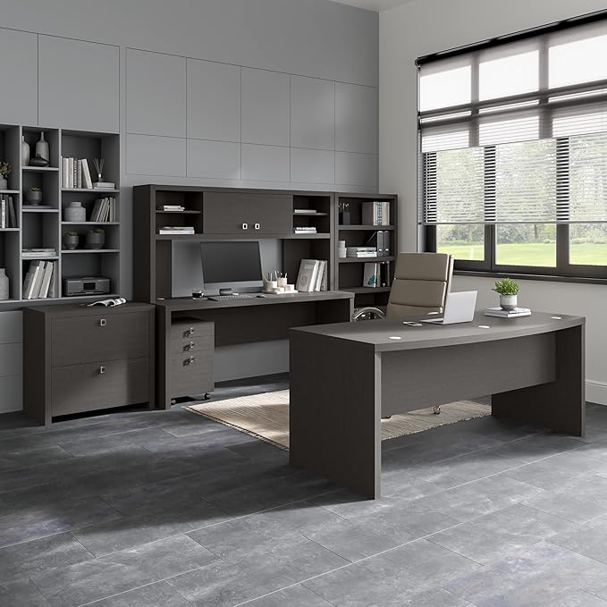 Bush Business Furniture Echo L Shape Desk with Wire Management | Corner Computer Table with Quick-to-Assemble Hardware | Home Office Credenza, 60W, Charcoal Maple