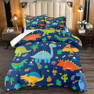 Dinosaur Comforter Set for Boys, Cartoon Dinosaur Bedding Set Queen Size, Cute Blue Pattern Dinosaur Comforter Set for Kids Teens Soft Breathable All Season Quilt 3Pcs with 2 Pillowcases