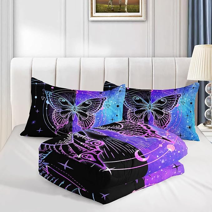 Datura home Black Blue Butterfly Comforter Set for Girls Women,Boho Butterfly Sun and Moon Mandala Printed Bedding Set with 2 Pillowcases(Black Blue Full)