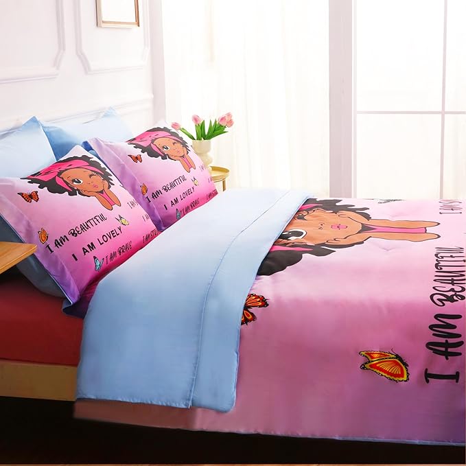 7 Piece Black Girls Magic Comforter Set Twin Size African American Girl Bedding Sets Bed in A Bag for Kids Teens Inspirational Quotes Pink Blue Quilt Room Decor