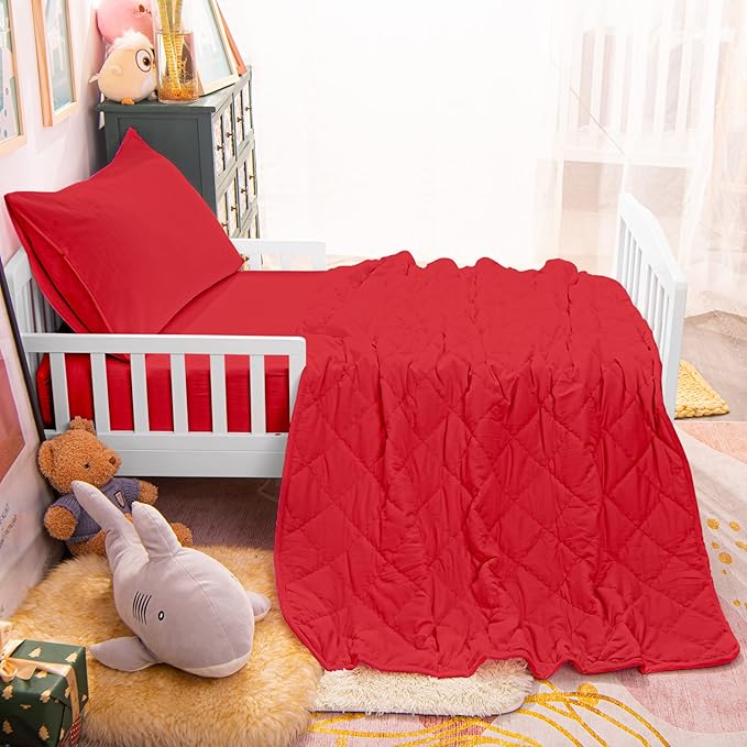 NTBAY Toddler Bedding Set - 4 Piece Soft and Breathable Crib Bedding Set for Boys and Girls, Includes Quilted Comforter, Fitted Sheet, Flat Top Sheet and Envelope Pillowcase, Wine Red