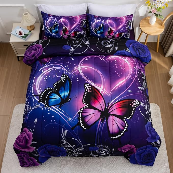 A Nice Night Galaxy 6pcs Bed in A Bag Purple and Blue Dreamy 3D Butterfly Printed, Butterflies Bedding Queen Comforter Set, for Girls Kids Teens
