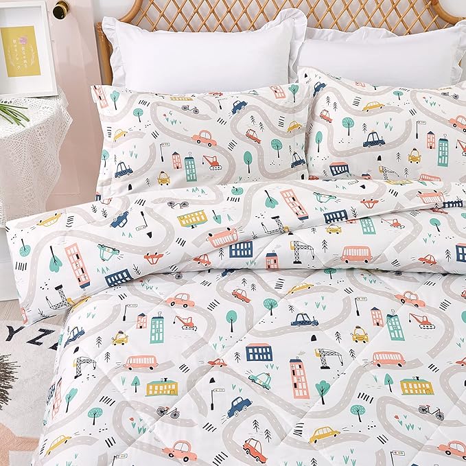 JSD Car Kids Printed Comforter Set for Boys Girls, 2 Pieces Twin Microfiber Comforter with Pillow Sham, Soft Comfortable Machine Washable