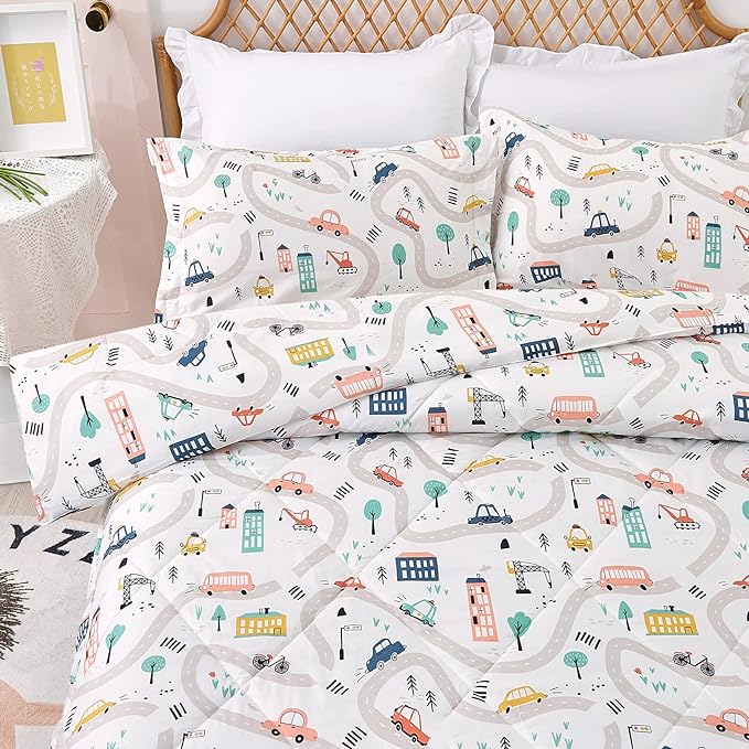 JSD Car Kids Printed Comforter Set for Boys Girls, 3 Pieces Full Microfiber Comforter with Pillow Sham, Soft Comfortable Machine Washable