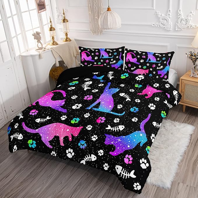 Cute Cat Comforter Kids Bedding Set Queen,3Pcs Soft Paw Fish Bone Print Quilt Set Bed in A Bag with 1 Comforter 2 Pillowcases for Kids Boy Girls Teens Adults Room Decor All Season Gradient Purple Blue