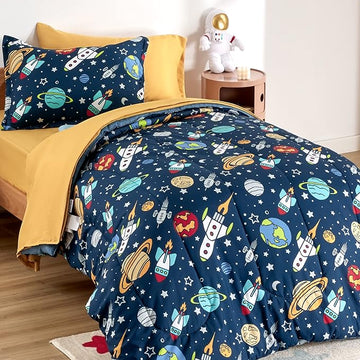 SLEEP ZONE Kids Twin Bedding Comforter Set - Super Cute & Soft Kids Bedding 5 Pieces Set with Comforter, Sheet, Pillowcase & Sham (Rocket Galaxy)