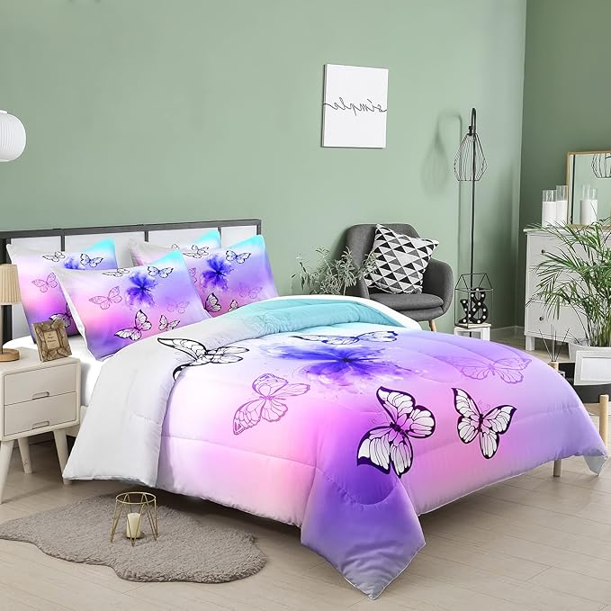 Tailor Shop Purple Butterfly Kids Full Size Comforter Sets Pink Butterfly Bedding Set for Girls Teens Tie Dye Butterflies Comforter Set Room Decor Set with 1 Comforter and 2 Pillowcase…