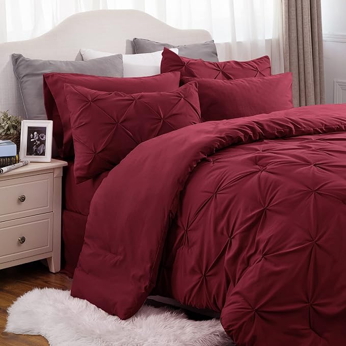 Bedsure Red Comforter Set King - Bedding Set King 7 Pieces, Pintuck Bed in a Bag Burgundy Bed Set with Comforter, Sheets, Pillowcases & Shams