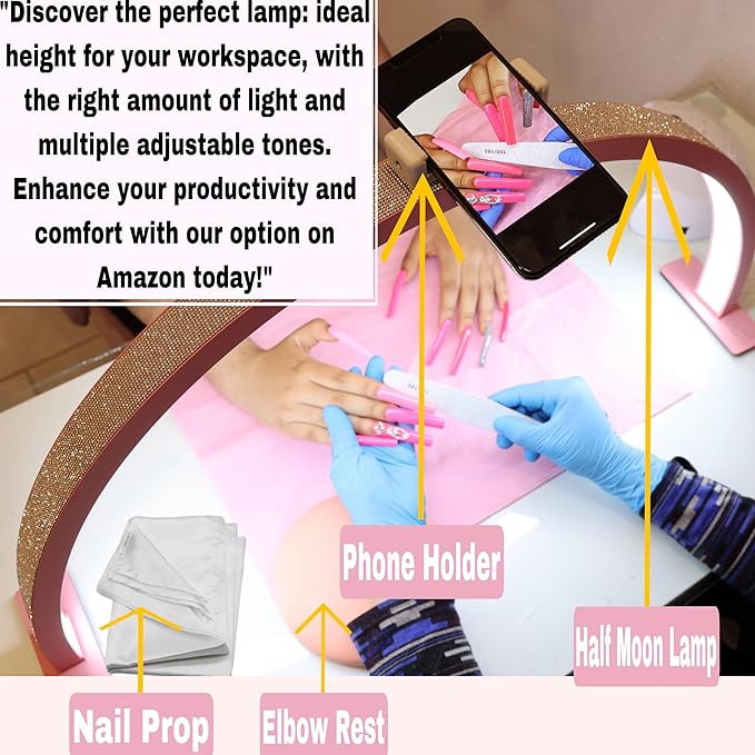 Half Moon Light for Nail Desk-4pcs Set-Half Moon Light-Half Moon Light for Esthetician-Half Moon Lamp for Nails-Nail Lamp for Desk-Nail Desk Light-BONUS Phone Holder,Nail Prop & Elbow Rest