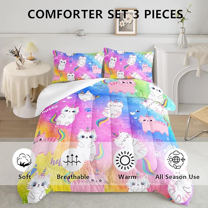 Axolotl Cat Bedding Full Cartoon Cat Comforter Set,Rainbow Printed Kids Bedding Set for Girls Kids Adults Teens,Kids Comforter Set All Season,1 Quilt 2 Pillow Cases,Colorful Pink Blue