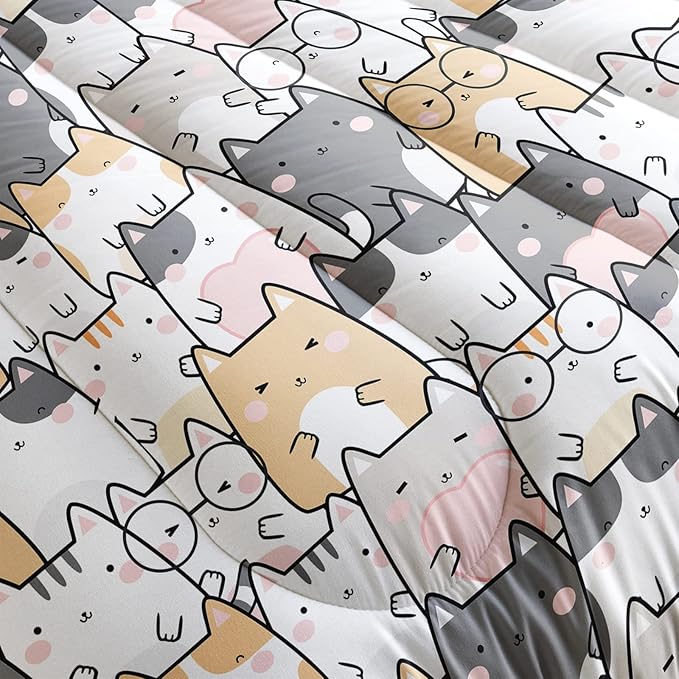 Kawaii Cat Comforter Full Size,Cats Comforter Set for Kids Teens Girls Boys,3Pcs Bedding Set Printed Comforter with 2 Pillowcases,Down Alternative,Soft and Lightweight，Full Size