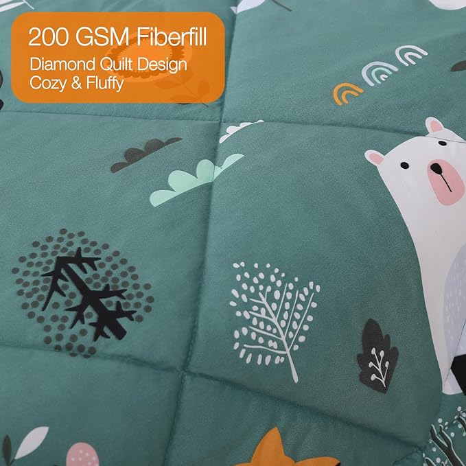 JSD Green Animal Forest Kids Comforter Set, 3 Pieces Full Microfiber Comforter with Pillow Shams, Soft Comfortable Machine Washable