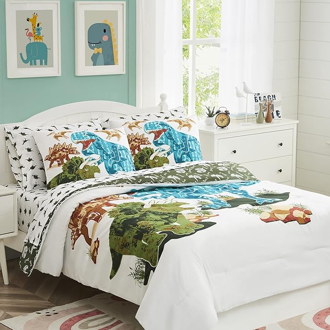 KALEIDOSPACE Gilrs Boys Bedding Sets Twin, 5 Piece Glow in The Dark Dinosaur Bed in A Bag-1 Comforter,1 Pillow Sham, 1 Pillowcase, 1 Flat Sheet, 1 Fitted Sheet