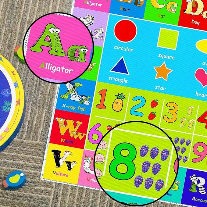 Kids Alphabet Play Game Rug - 7'x10' ABC Numbers and Shapes Educational Learning Toddler Carpet - Kids Room Playroom Classroom Kindergarten Activity Fun Soft Non-Slip Mat