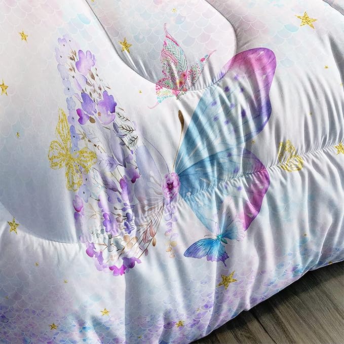 Axolotl Butterfly Bedding Twin,Rainbow Butterfly Comforter Set for Girls Teens,Butterfly Bedding for Girls with Golden Star Scales Pattern,Butterfly Printed Quilt Set with 1 Comforter 2 Pillowcases