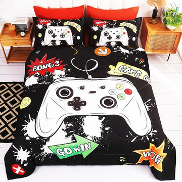 Wajade Kids Game Comforter Set Bed in A Bag Queen Size 7 Piece 3D Colorful Video Game Controller Bedding Set for Boys Girls (1 Comforter, 1 Flat Sheet, 1 Fitted Sheet, 2 Pillowcase and 2 Pillow Sham)