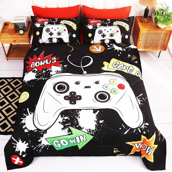 Wajade Kids Game Comforter Set Bed in A Bag Queen Size 7 Piece 3D Colorful Video Game Controller Bedding Set for Boys Girls (1 Comforter, 1 Flat Sheet, 1 Fitted Sheet, 2 Pillowcase and 2 Pillow Sham)