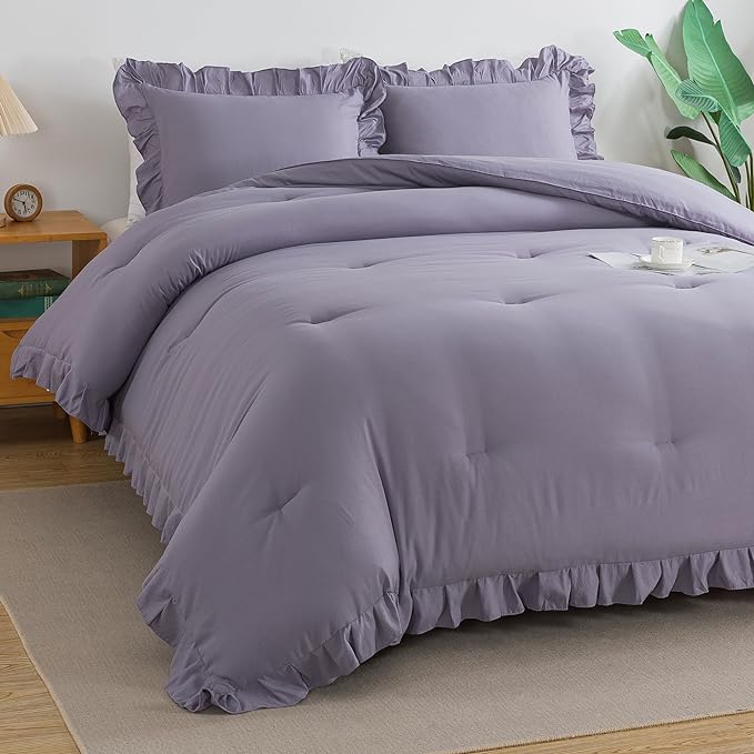 Andency Purple Twin Size Comforter(66x90Inch), 2 Pieces(1 Ruffle Comforter and 1 Pillowcase) Solid Farmhouse Shabby Chic Comforter, Lighteweight and Soft Microfiber Bedding Set
