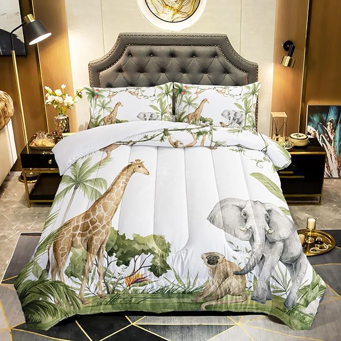 Elephant Giraffe Monkeys Comforter Queen Size,Wild Animals Kids Comforter Set,3Pcs Bedding Set Printed Comforter with 2 Pillowcases,Down Alternative,Soft and Lightweight,for All Seasons