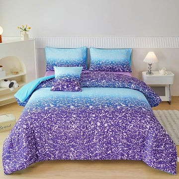 PERFEMET 6Pcs Full Size Comforter Sets for Girls Blue Purple Ombre Rainbow Kids Bedding Set Colorful Tie Dye Glitter Teen Girls Bedroom Decor Bed in A Bag