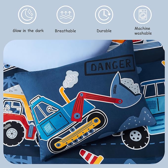 Truck Tractor Excavator Twin Comforter Set with Sheets - 5 Pieces Kids Twin Bedding Sets for Boys, Glow in The Dark Construction Trucks Twin Bed in a Bag for Kids, Teens