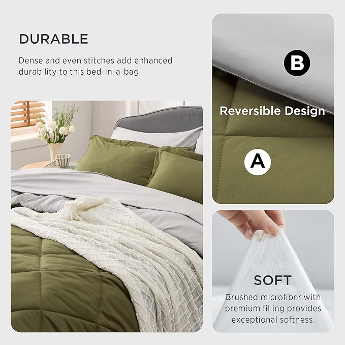 Bedsure Olive Green Full Size Comforter Set - 7 Pieces Reversible Full Bed in a Bag Full Bed Set with Comforters, Sheets, Pillowcases & Shams, Full Bedding Sets