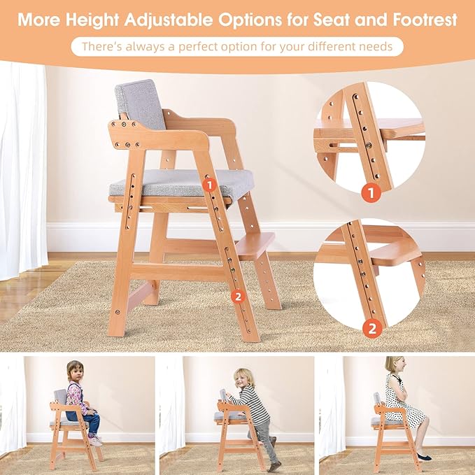 Ezebaby Wooden High Chair, Adjustable Highchair for Toddlers to Teens with Steps, Kids Dining Chair, Study Chair with Removable Cushion (Natural Color)