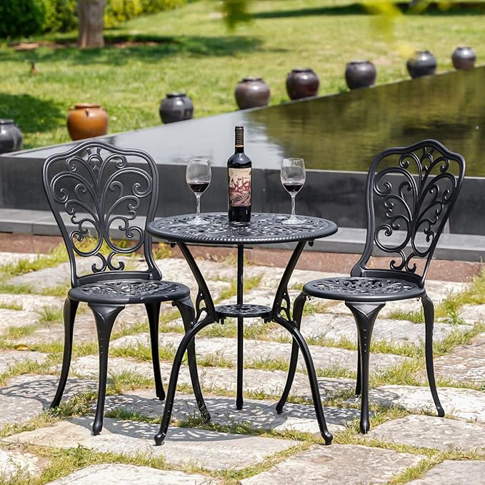 Patio Bistro Set 3 Piece Outdoor,Cast Aluminum Outdoor Bistro Table and Chair Set of 2 with 1.97" Umbrella Hole,All Weather Metal Bistro Table Set for Front Porch Set(Butterfly Black)