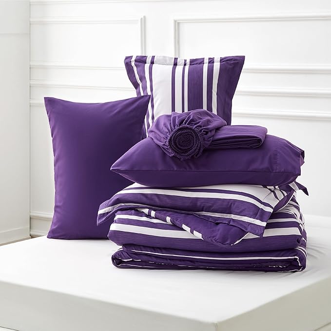Bedsure Bed in a Bag King Size 7-Piece Purple White Striped Bedding Comforter Sets All Season Bed Set, 2 Pillow Shams, Flat Sheet, Fitted Sheet and 2 Pillowcases
