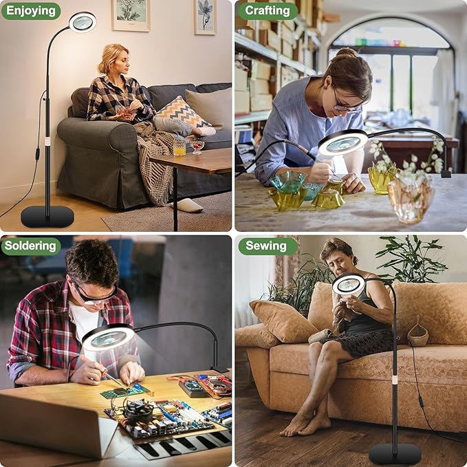 10X&5X Magnifying Glass with Light, 3-in-1 Magnifying Floor Lamp, Flexible Goose Neck, 3 Color Modes 10 Levels Dimmable LED Lighted Magnifier Lamp for Home Office Close Wrok Reading Hands Free