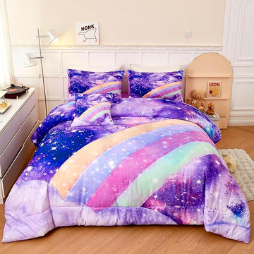 6Pcs Purple Rainbow Twin Size Bedding Set for Girls Gradient Glitter Kids Comforter Sets Tie Dye Girls Bed Set Sparkle Galaxy Bed in A Bag with Sheets