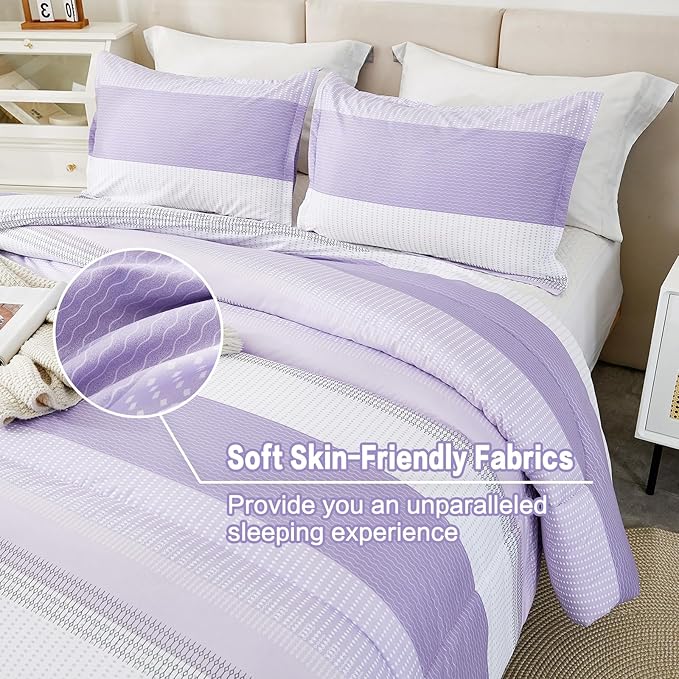 Litanika Lavender Comforter Set Queen - 3 Pieces Lightweight Lavender Purple White Colorblock Stripe Fluffy Bedding Comforter Sets, All Season Bed Set