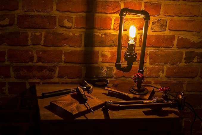 Loft Style Lamp, Different Thinker, Steampunk Industrial Vintage Style, Wood Base Metal Body, Table Desk Light with Dimmer, LL-017