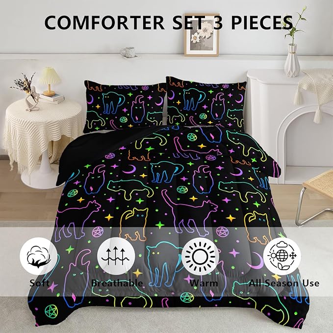 Black Cat Bedding Cartoon Cat Comforter Set Twin,Moon Stars Printed Kids Bedding Set for Boys Girls Adults Room Decor,Kids Comforter Set All Season,1 Quilt 2 Pillow Cases,Neon Color Purple Blue Green